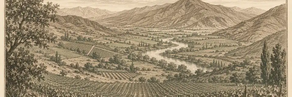 Engraved illustration of the wine country of Rapel