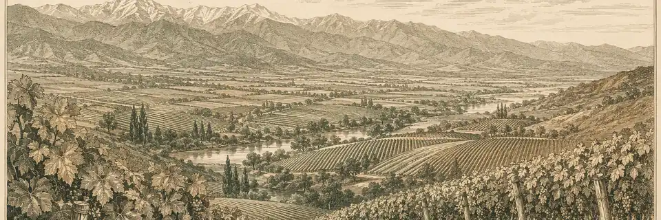 Engraved illustration of the wine country of Central Valley