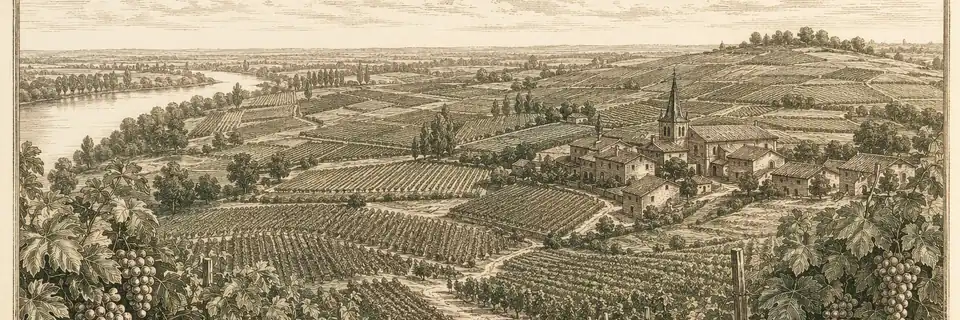 Engraved illustration of the wine country of Pomerol