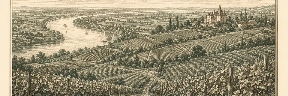 Engraved illustration of the wine country of Bordeaux