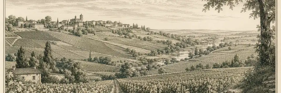 Engraved illustration of the wine country of Castillon-Côtes de Bordeaux