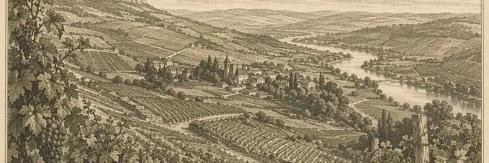 Engraved illustration of the wine country of France