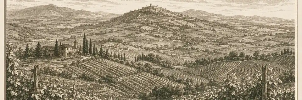 Engraved illustration of the wine country of Brunello di Montalcino
