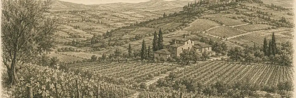 Engraved illustration of the wine country of Tuscany