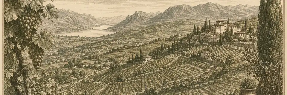 Engraved illustration of the wine country of Italy