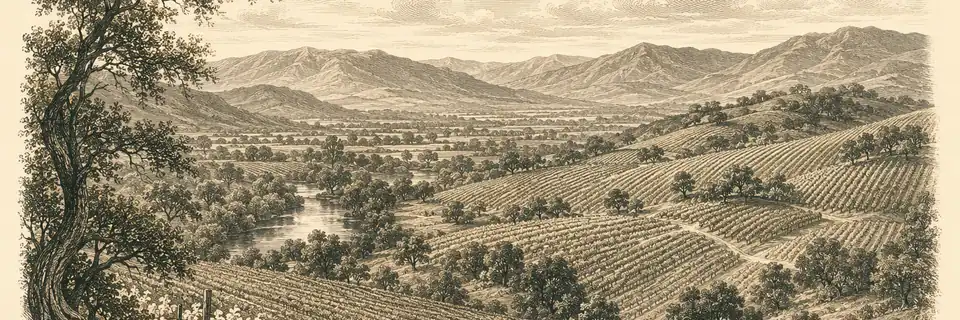 Engraved illustration of the wine country of Sonoma Valley