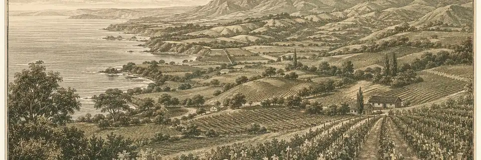 Engraved illustration of the wine country of Sonoma County