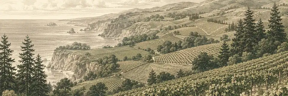 Engraved illustration of the wine country of Northern Californian Coast