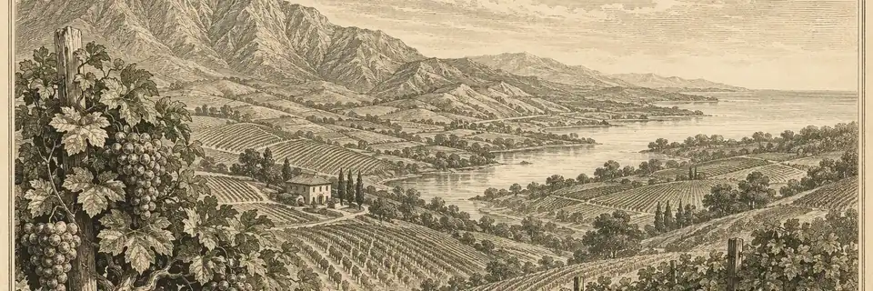 Engraved illustration of the wine country of California
