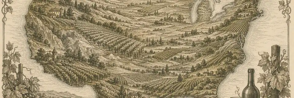 Engraved illustration of the wine country of United States of America